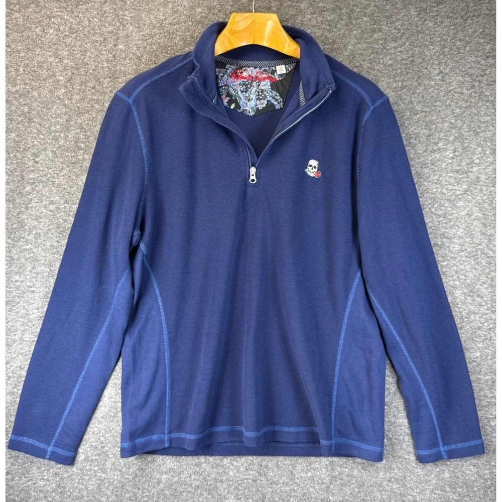 Robert Graham Pullover Men XL Navy Blue Waffle Knit Skull Rose Hipster Cocktail